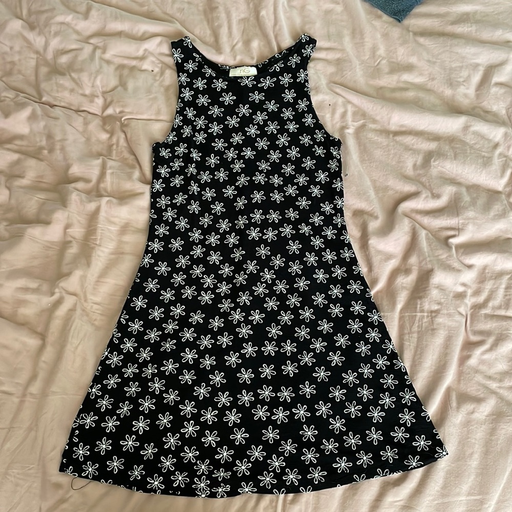 Vintage Y2K Flower Power/Groovy Pattern Black Mini Dress